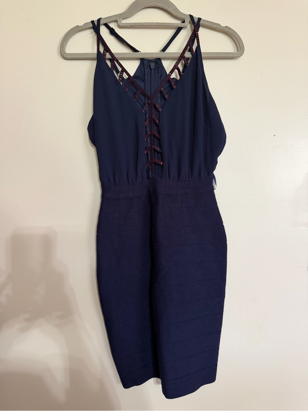 WOW couture Navy Midi Dress with Ladder Strap Detail